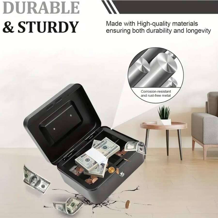 1pc Compact Metal Cash Box With Combination Lock, Secure Lock Box With Money Tray, Glossy Black Finish, Perfect For Retailers, Personal Use, Home Office And Secure Storage