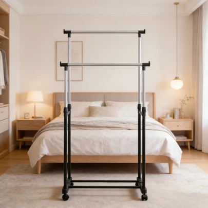 Freistehender, stilvoller Wäscheständer mit einer oder zwei Stangen, tragbarer Wäscheständer aus Aluminium, ideal zum Trocknen von Decken.