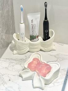 1pc White & Pink Bow Toothbrush Holder, 3-Slot Independent Bathroom Countertop Storage Rack, Multi-Function Toothbrush & Toothpaste Organizer, Durable & Elegant Home Decor Accessory, Fashionable Bathroom Supplies - Multicolor - View 5