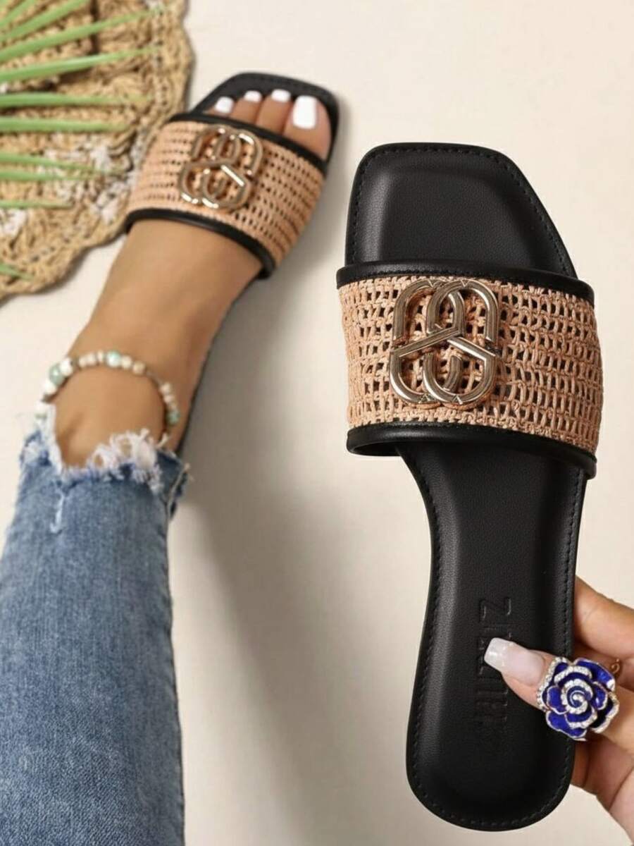 Women's Elegant Flat Sandal With Gold Detail, Comfortable, Soft, Summer Fashion - 黑色 - 查看 1