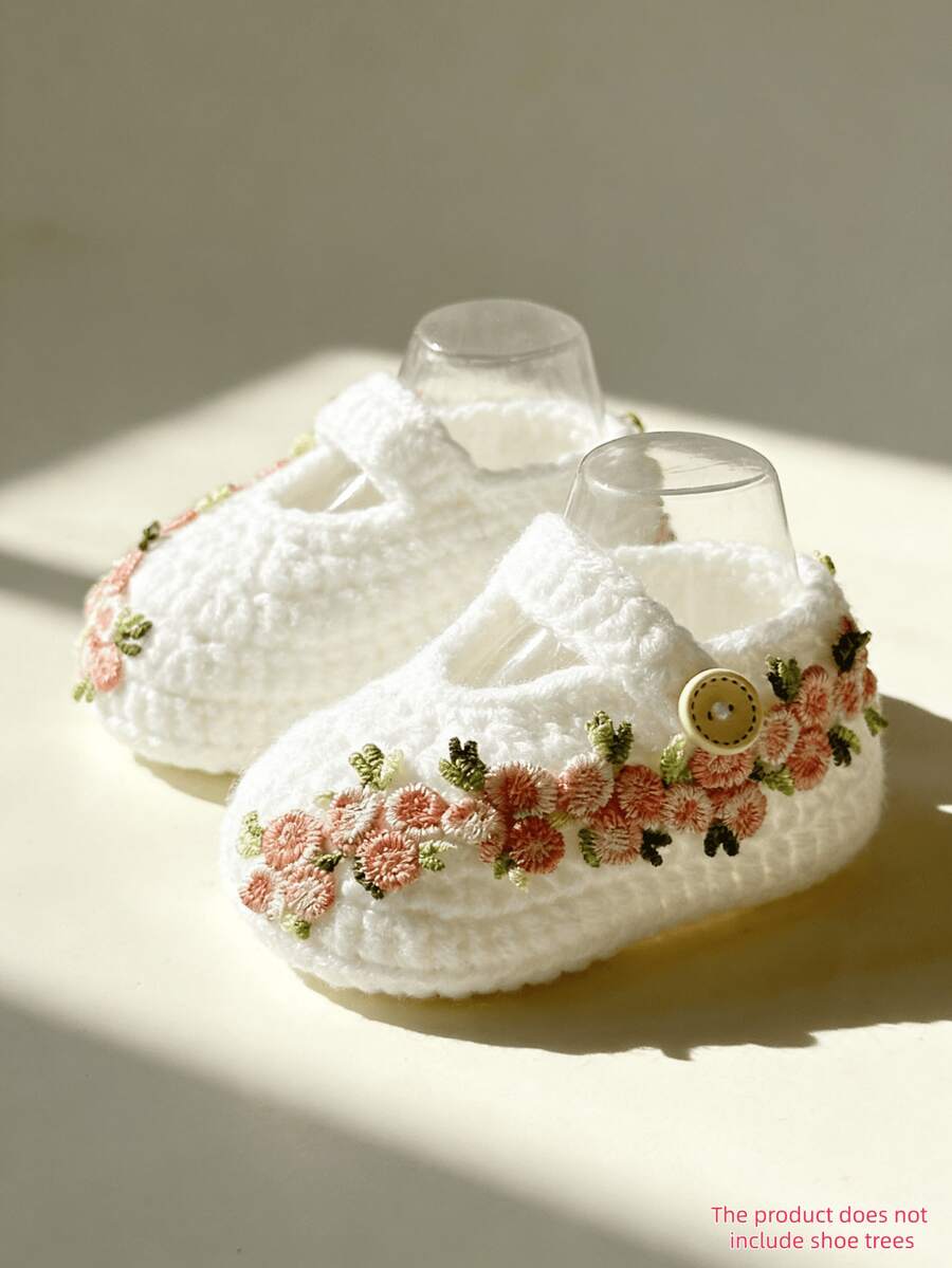 1 Pasang Sepatu/Kaos Kaki Bayi Pra-Berjalan Rajutan Tangan Motif Bunga - Putih - View 1