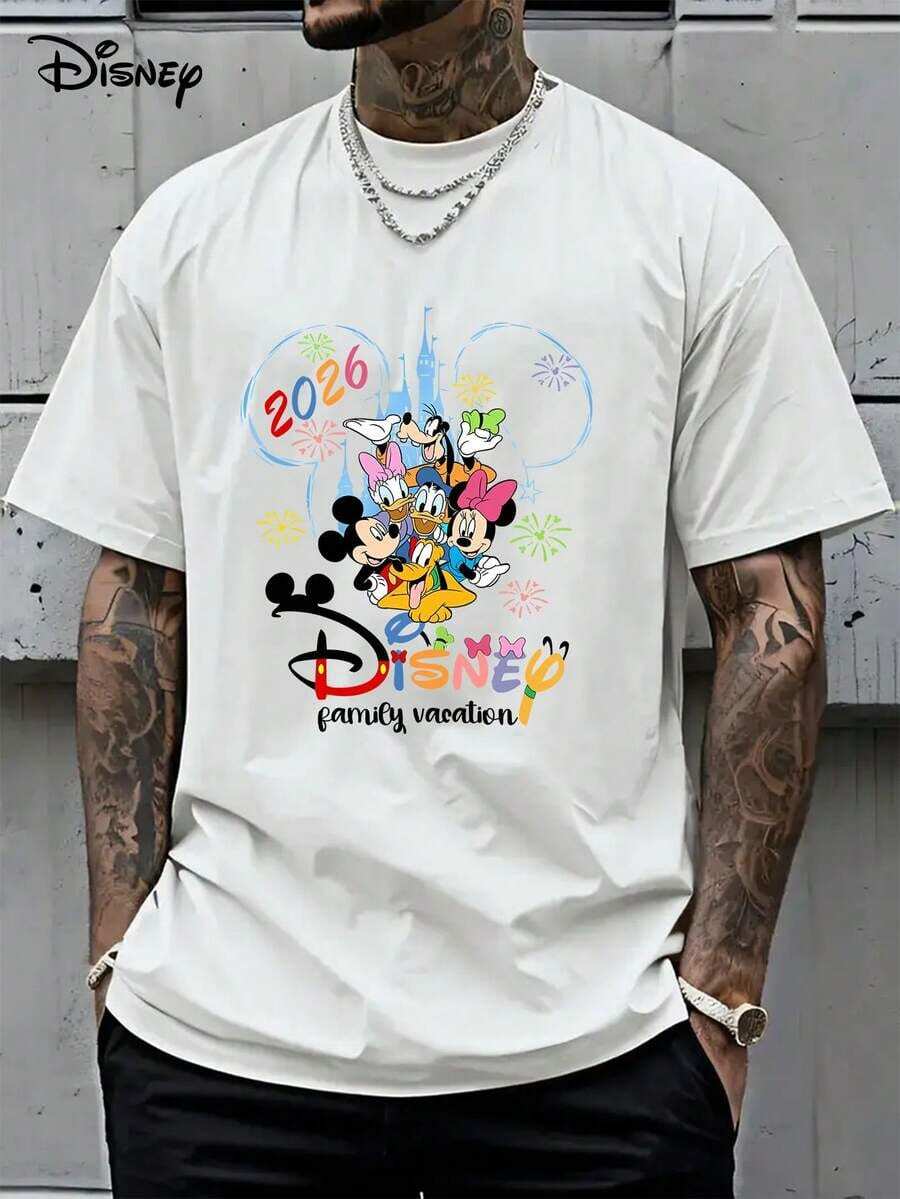 Disney Mickey And Minnie Mouse Print Summer T-Shirt, Pure Cotton Washed T-Shirt, One-Piece Design, Pure Cotton Fabric, Comfortable And Breathable, Worn By Disney Lovers And Couples In Disney Parks; A High-Quality Fashion Brand, It Is The Ideal Surprise Gift For Family And Friends. - 白色 - 查看 1