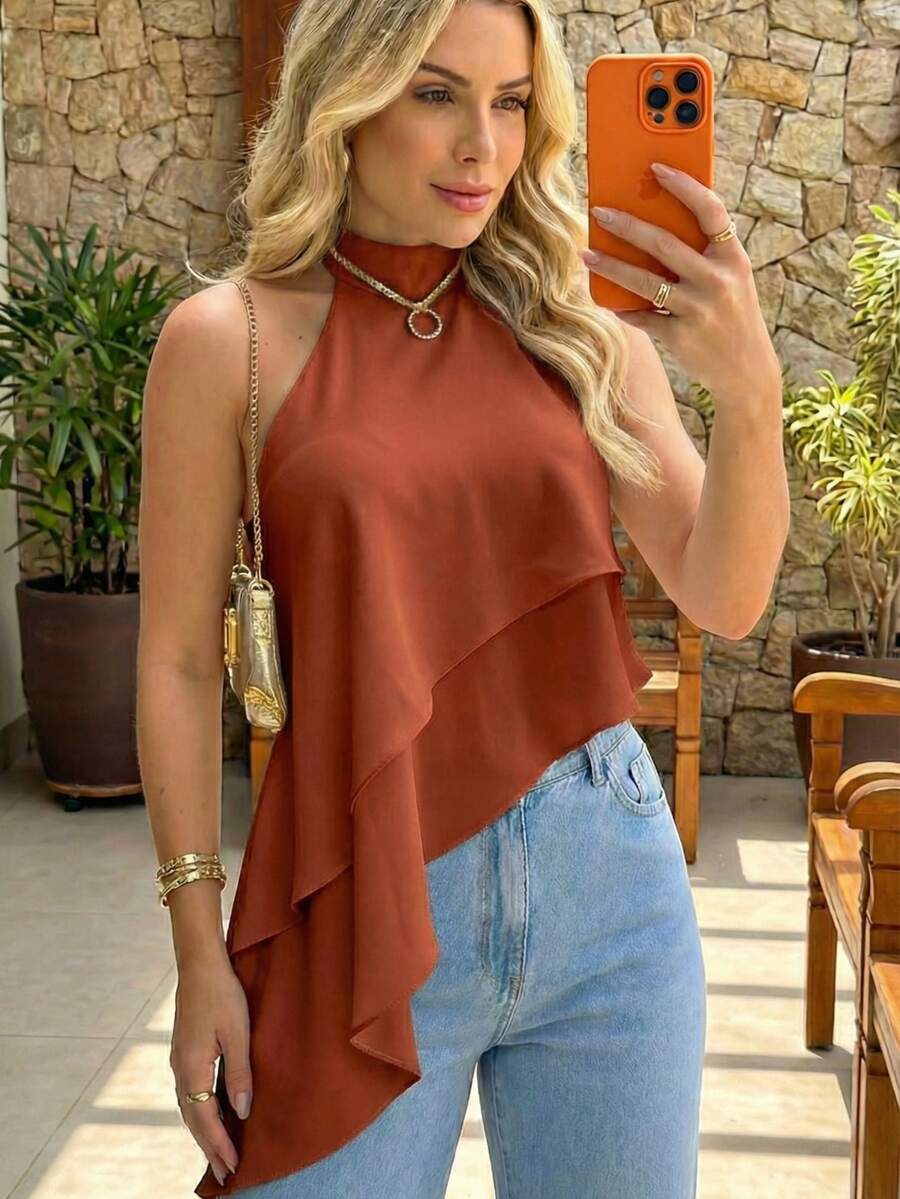 Women's Asymmetrical Cropped High Neck Halter Top With Layers And Neck Tie - Boho Chic, Casual, Elegant, Autumn/Winter Fashion - 紅陶 - 查看 1