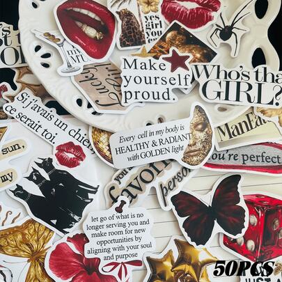 50 stuks gouden en rode Y2K-stijl geluksmeisje stickers, modieuze gepersonaliseerde creatieve doe-het-zelf decoratieve stickers geschikt voor planners, albums, notitieboeken, bagage, gitaren, waterflessen, telefoonhoesjes en andere populaire decoraties.