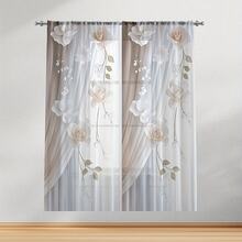 2PCS White & Beige 3D Effect Rose & Floral Print Elegant Modern Style Flat Print Sheer Curtains, 100% Polyester Fabric, Rod Pocket Style, Unlined, 90gsm, Width 180cm, Ideal For Bedroom, Living Room, Dining Room, Bathroom, And Outdoor Sheer Curtains - Multicolor - View 1
