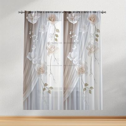 2PCS White & Beige 3D Effect Rose & Floral Print Elegant Modern Style Flat Print Sheer Curtains, 100% Polyester Fabric, Rod Pocket Style, Unlined, 90gsm, Width 180cm, Ideal For Bedroom, Living Room, Dining Room, Bathroom, And Outdoor Sheer Curtains