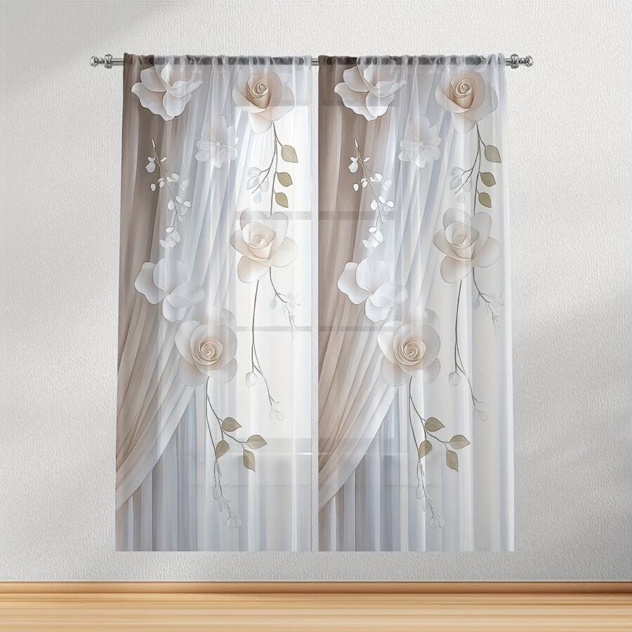 2PCS White & Beige 3D Effect Rose & Floral Print Elegant Modern Style Flat Print Sheer Curtains, 100% Polyester Fabric, Rod Pocket Style, Unlined, 90gsm, Width 180cm, Ideal For Bedroom, Living Room, Dining Room, Bathroom, And Outdoor Sheer Curtains - Multicolor - View 1