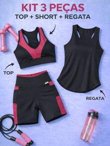Kit Of 3: Women's Fitness Set - Top, Shorts, Pocket Tank Top, Dry Fit, Gym - Tarelles - 紅木色 - 查看 3