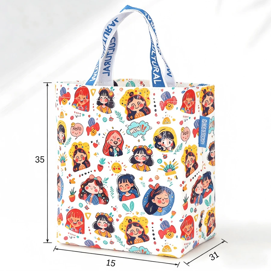 1 pieza Bolsa de compras portátil de gran capacidad, bolsa de tela impermeable con diseño de dibujos animados y ligera, bolsa de compras reutilizable de plástico con asa - Blanco - Ver 1