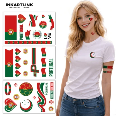  INKARTLINK 3PCS/Set Portugal Flag Series Temporary Waterproof Tattoo Stickers, Long-Lasting 2-5 Days, Water Transfer Tattoo Decals Suitable For Men And Women, Party Decoration