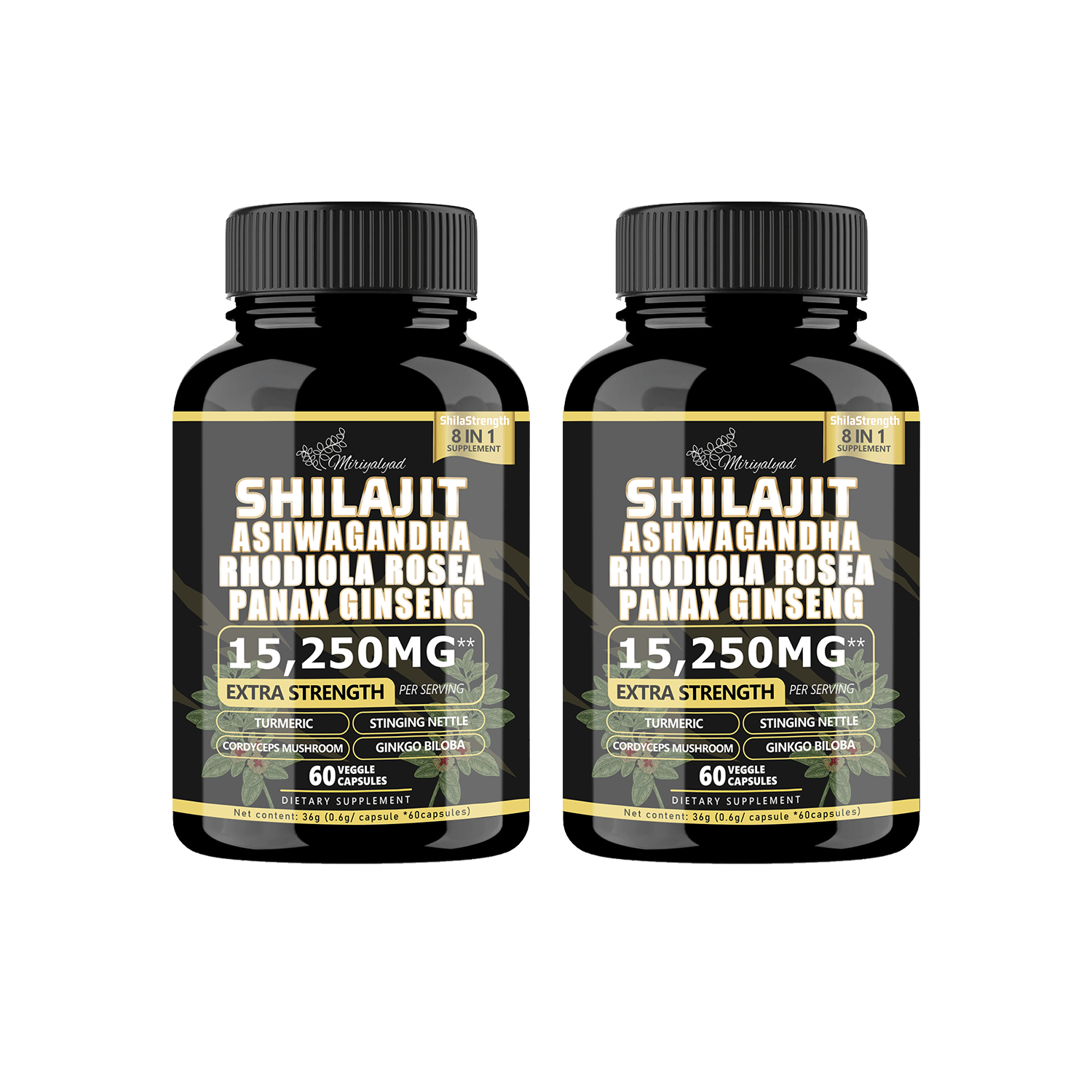 Miriyalyad Shilajit 9000mg, Rhodiola Rosea 1000mg, Panax Ginseng 1500mg, All-In-One, 60 Capsules Supplement Fitness Edible Dietary Healthcare Gut Support Vitamin - 2PCS - 查看 1