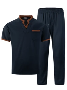 Men's 2-Piece Set, Color Block Spliced Stand Collar Pocket Short Sleeve Polo Shirt + Drawstring Waist Pants, Comfort Breathable Casual Daily Outfit - Navy Blue - View 3