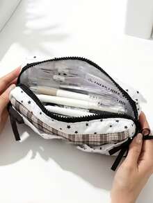1pc Black & White Star Bow Pencil Case, High-Quality Korean Style Student Large Capacity Stationery Storage Bag - A - View 2
