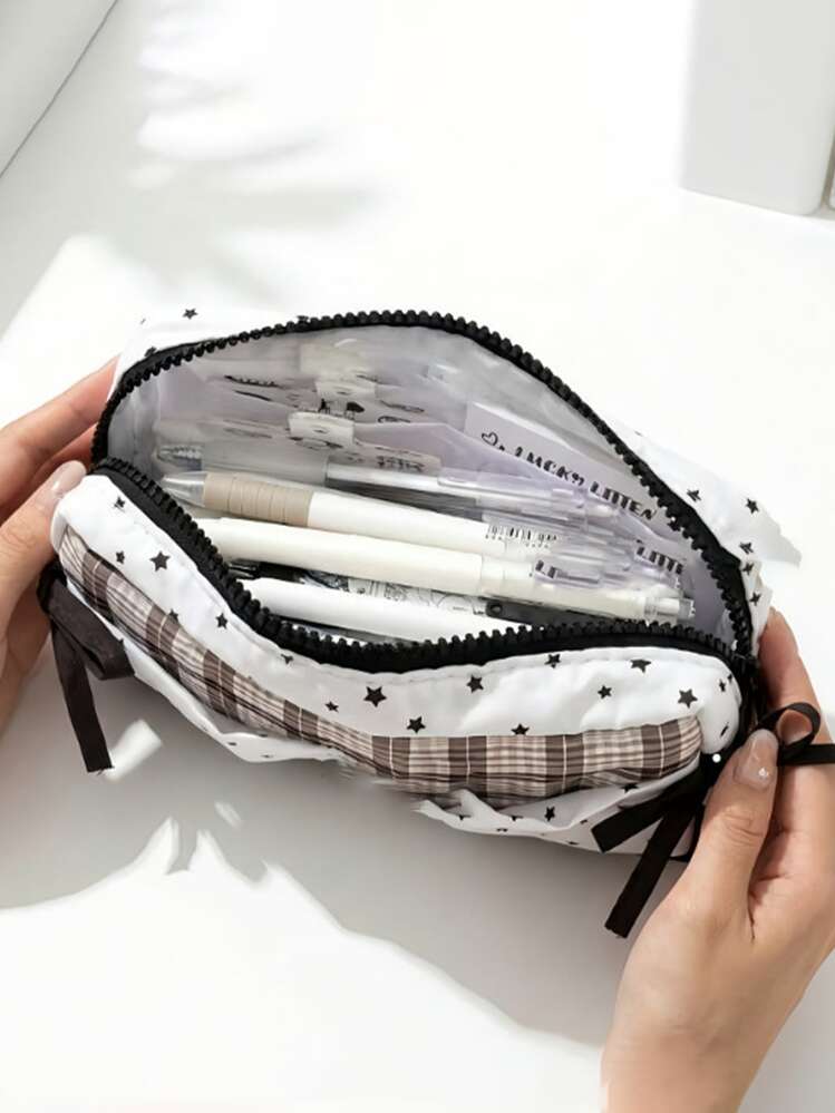 1pc Black & White Star Bow Pencil Case, High-Quality Korean Style Student Large Capacity Stationery Storage Bag - A - View 2