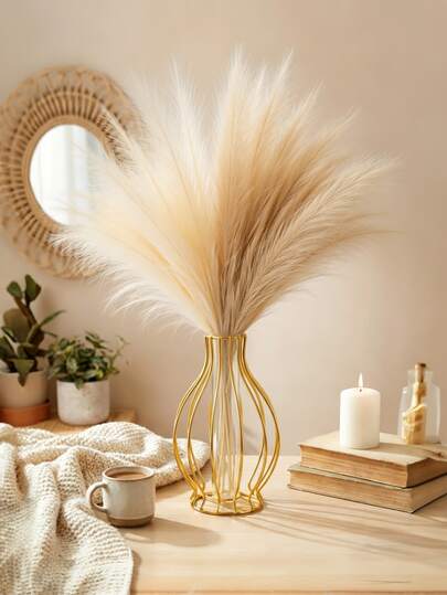 1pc Bohemian Farmhouse Decorative Metal Iron Wire Vase, Vintage Geometric Shape, Gold Color Table Centerpiece, For Pampas Grass Dried Or Artificial Flowers, Home Decor Living Room Office Desk Shelf Mantel Wall Ornament, Wedding Easter Spring Housewarming Gift