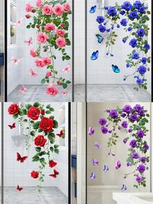 1pc Pink Flower Wall Sticker, Bathroom Wall Decal, Home Decor Sticker, Living Room Bedroom Wall Sticker, Kids Room Wall Decal, Door Sticker, Girls Room Decoration - Multicolor - View 1