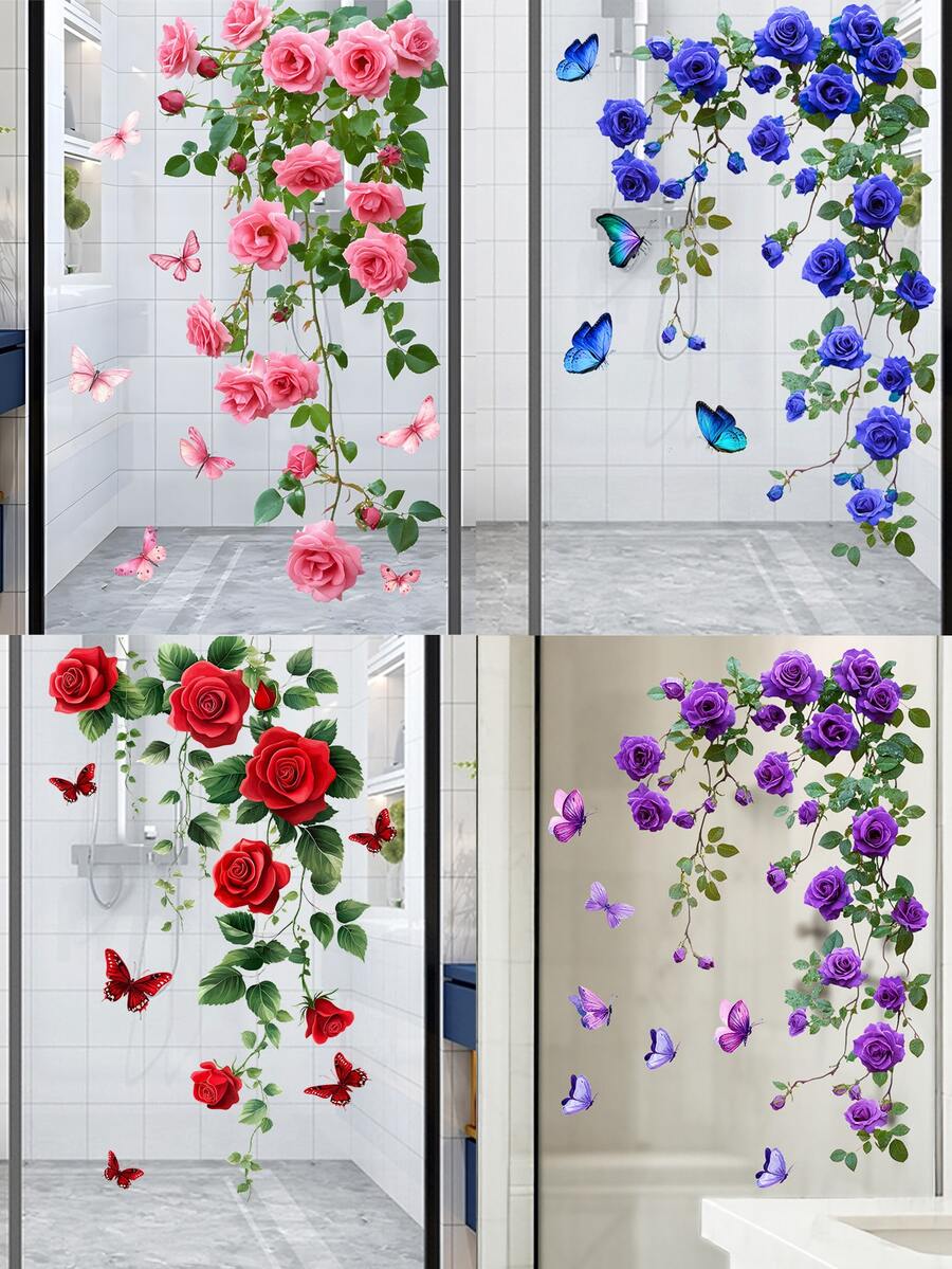 1pc Pink Flower Wall Sticker, Bathroom Wall Decal, Home Decor Sticker, Living Room Bedroom Wall Sticker, Kids Room Wall Decal, Door Sticker, Girls Room Decoration - Multicolor - View 1