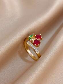 1pc Cherry Adjustable Ring, Gift For Girls, Moms, Teachers, Essential For Boho Summer Beach Travel Party, Suitable For Carnival/Ball/Party/Daily Wear, Golden Jewelry, Back To School Gift, Birthday Gift - Multicolor - View 3