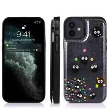 16 Case With Cute Soot Sprites And Stars Pattern | Leather-Textured Finish, Built-In Card Slots | Unique Designer Edition, Dual-Function Case And Wallet - màu đen - Xem 2