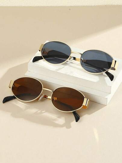 2 piezas Gafas de moda de metal ovaladas personalizadas, estilo retro, accesorio de moda para mujer, adecuado para la playa de verano, actividades al aire viajes