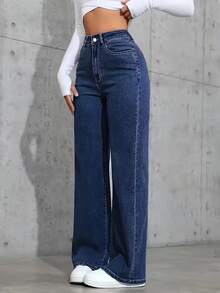 Women's Wide Leg Jeans, Casual Luxury Style, Premium Fabric - 深色水洗藍 - 查看 1