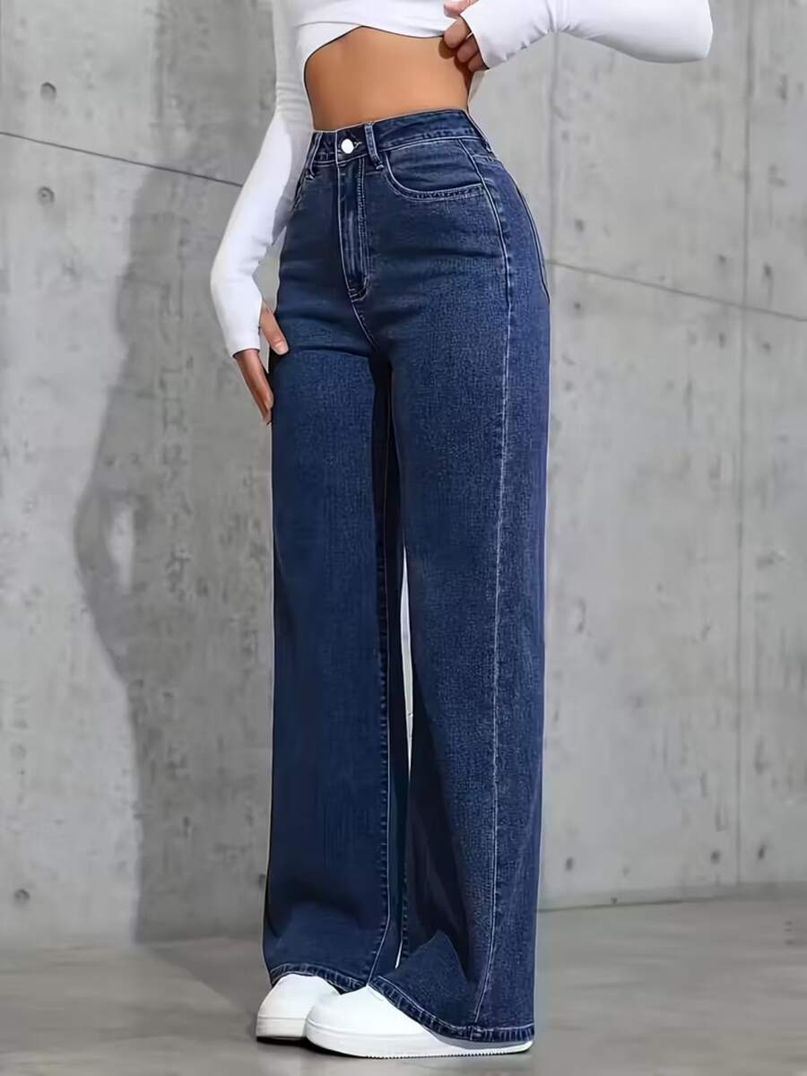 Women's Wide Leg Jeans, Casual Luxury Style, Premium Fabric - 深色水洗藍 - 查看 1