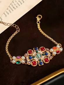 Mid-Century Vintage Elegant Colored Stone Inlaid With Small Pearls Accented With Tiger's Eye Stone Pendant Geometric Square Bracelet And Earrings Suitable For Women To Wear Daily Or At Parties And Banquets Ramadan Gift - Bracelet - View 1
