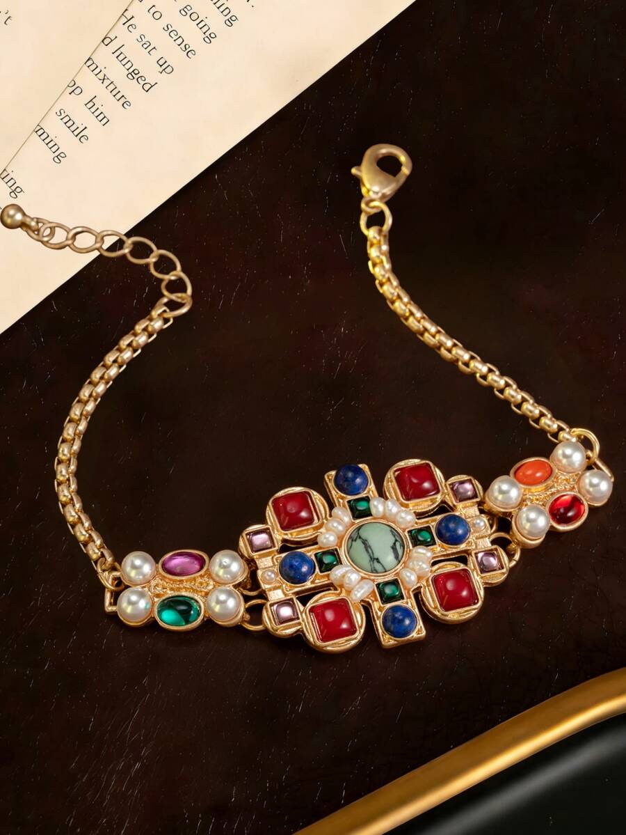 Mid-Century Vintage Elegant Colored Stone Inlaid With Small Pearls Accented With Tiger's Eye Stone Pendant Geometric Square Bracelet And Earrings Suitable For Women To Wear Daily Or At Parties And Banquets Ramadan Gift - Bracelet - View 1