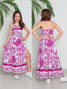-Inspired Long Dress For Girls/Teens With Side Slit And Exclusive Boho Print | Open Back And Adjustable Tie | Flowing Skirt With A Light Drape And Elegant Movement | Ideal For Pre-Teen And Teen Girls Seeking Comfort And Style In A Single Piece | Perfect For Birthday Gifts, Children's Day, And Special Occasions | Long Printed Dress For Outings, Everyday Wear, Events, Parties, Weddings, And Graduations | Lightweight, Cool, And Comfortable Fabric | Design With A Defined Waist And Modern Slit That Enhances The Look | Available In Pink, Royal Blue, Brown, And Green | Sizes 10 To 16 | Versatile Piece For Casual Looks And Special Occasions With A Secure Fit And Excellent Finish - 玫紅色 - 查看 1