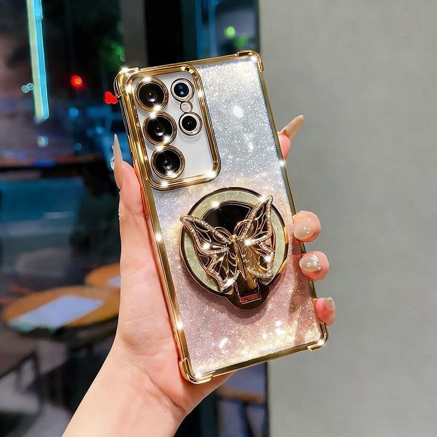奢华闪亮渐变化妆镜蝴蝶防摔电镀磁吸手机壳，兼容三星 Galaxy S26-S20、A02S-A07、A11-A17/A20-A70、Note 7/8/9/10/11/12/13/14/15、A5/A3/A2/A1/9/10/12/13C/14C/15C、荣耀 MAGIC 5/6/7 LITE 等机型