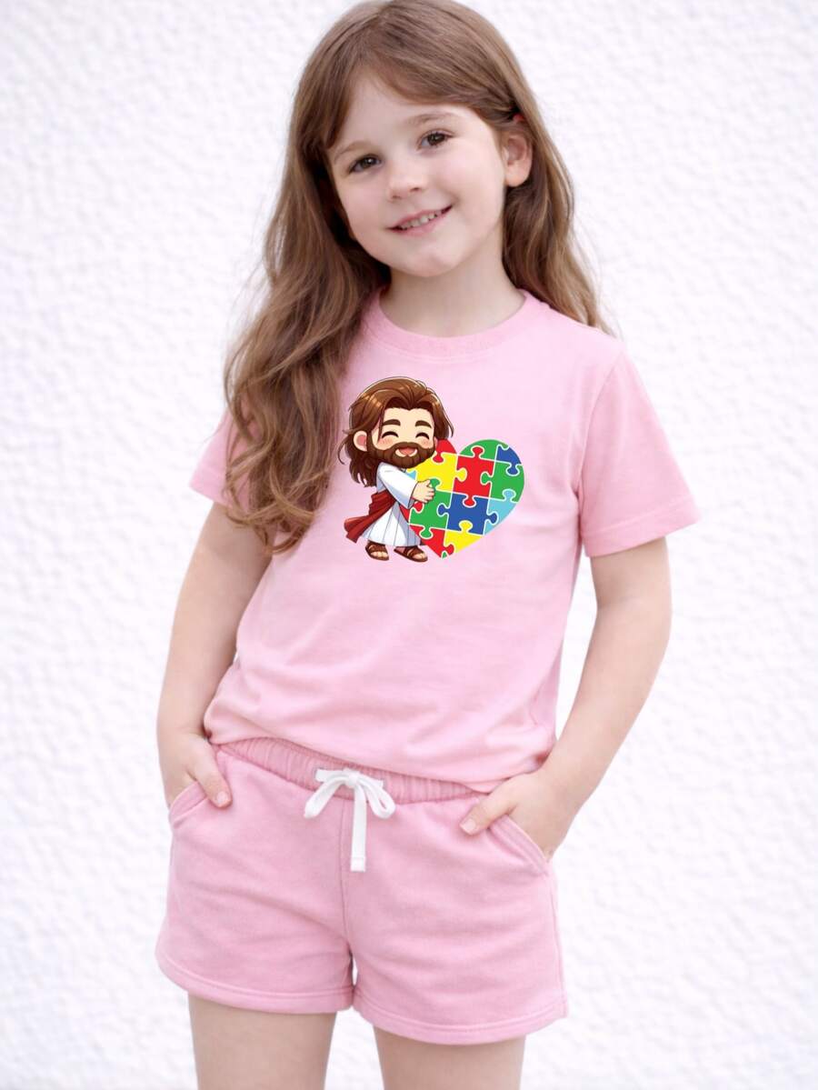 Children's Cotton T-Shirt With Jesus Heart Print @Utista 1214 Personalized Comfortable Soft Blouse - 淺粉色 - 查看 1
