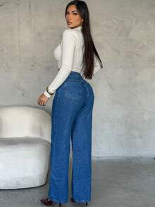 Women's Wide Leg Dark High Waist Jeans (No Lycra) 100% Cotton - 寬廣清晰 - 查看 4