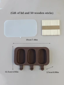 1pc 3-Cavity Oval Silicone Ice Pop Mold, DIY Ice Cream Popsicle Maker, Comes With Lid And 50pcs Wooden Sticks - Multicolor - View 13