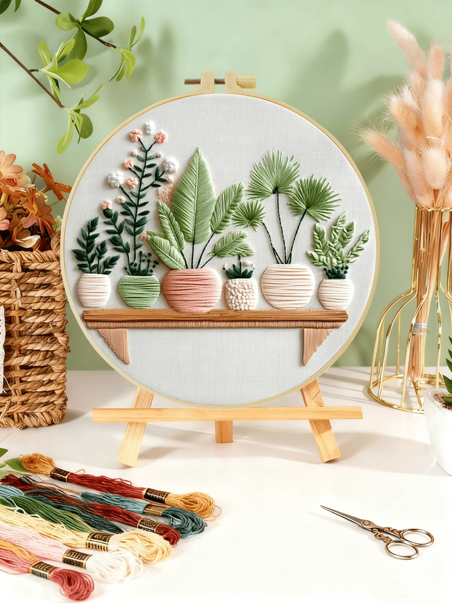 20x20cm/7.9x7.9in Embroidery Kit, Green Plant Pattern, Handmade DIY Embroidery Set For Adult Beginners, Includes Embroidery Cloth, Instructions, Embroidery Hoop And Threads, Great Gift For Friends And Family, Handcraft Decor For Home And Office