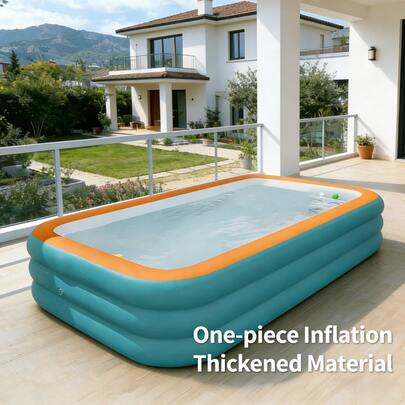 1pc Green & Orange Inflatable Swimming Pool, Quick Inflation & Installation, Durable Leak-Proof Anti-UV, Indoor/Outdoor Adult & Kids Family Water Play Pool, Foldable Patio Backyard Water Fun