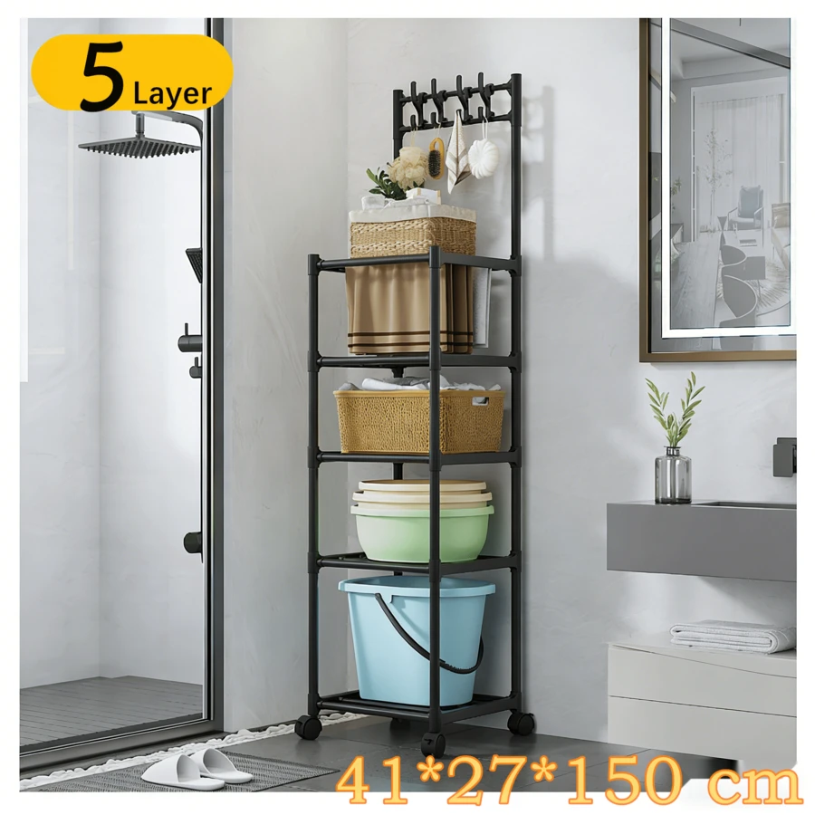 5-Layer Hooked Storage Rack Floor Storage Rack Household Multi-Function Organizer For Kitchen Bathroom Living Room﻿ - 黑色 - 查看 1