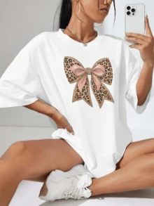 Camiseta informal de mujer con estampado de leopardo y diseño de lazo, para el verano - Blanco - Ver 5