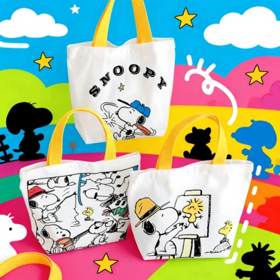  1 pieza Bolso de lona con diseño de Snoopy, adecuado para recuerdos, bolsa de almuerzo portátil, almacenamiento en el campus, también se puede usar como recuerdo para la temporada de regreso a clases, cumpleaños y días festivos