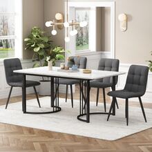 Dining Table And Chairs Set (5 Pieces), Dining Table With 4 Chairs, Modern Kitchen Dining Set, 140*80 Cm Dining Table, Black Metal Table Legs, White MDF Tabletop, Dark Grey Linen Dining Chairs - Grey - View 1