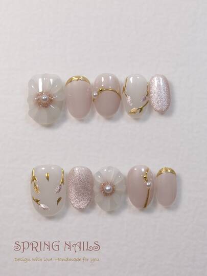 10 piezas de uñas postizas acrílicas cortas hechas a mano, estilo de verano, uñas postizas adhesivas para mujeres, diseño de arte de uñas japonés con ojo de gato lindo y ribete dorado, esencial para citas y ocasiones