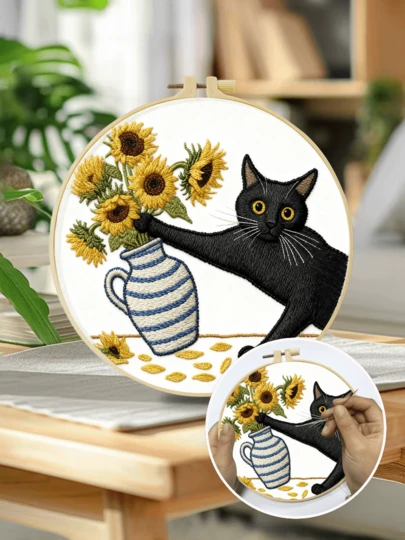 20x20cm/7.9x7.9in Embroidery Kit, Cat/Hedgehog/Bear Pattern, Handmade DIY Embroidery Set For Adult Beginners, Includes Embroidery Cloth, Instructions, Embroidery Hoop And Threads, Great Gift For Friends And Family, Handcraft Decor For Home And Office