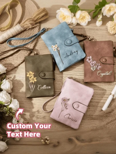 Portafoglio trifold in vera pelle personalizzato con incisione del nome, adatto come regalo di compleanno per la mamma, con motivo floreale e cinturino da polso, slot per carte di credito, 6 opzioni di colore