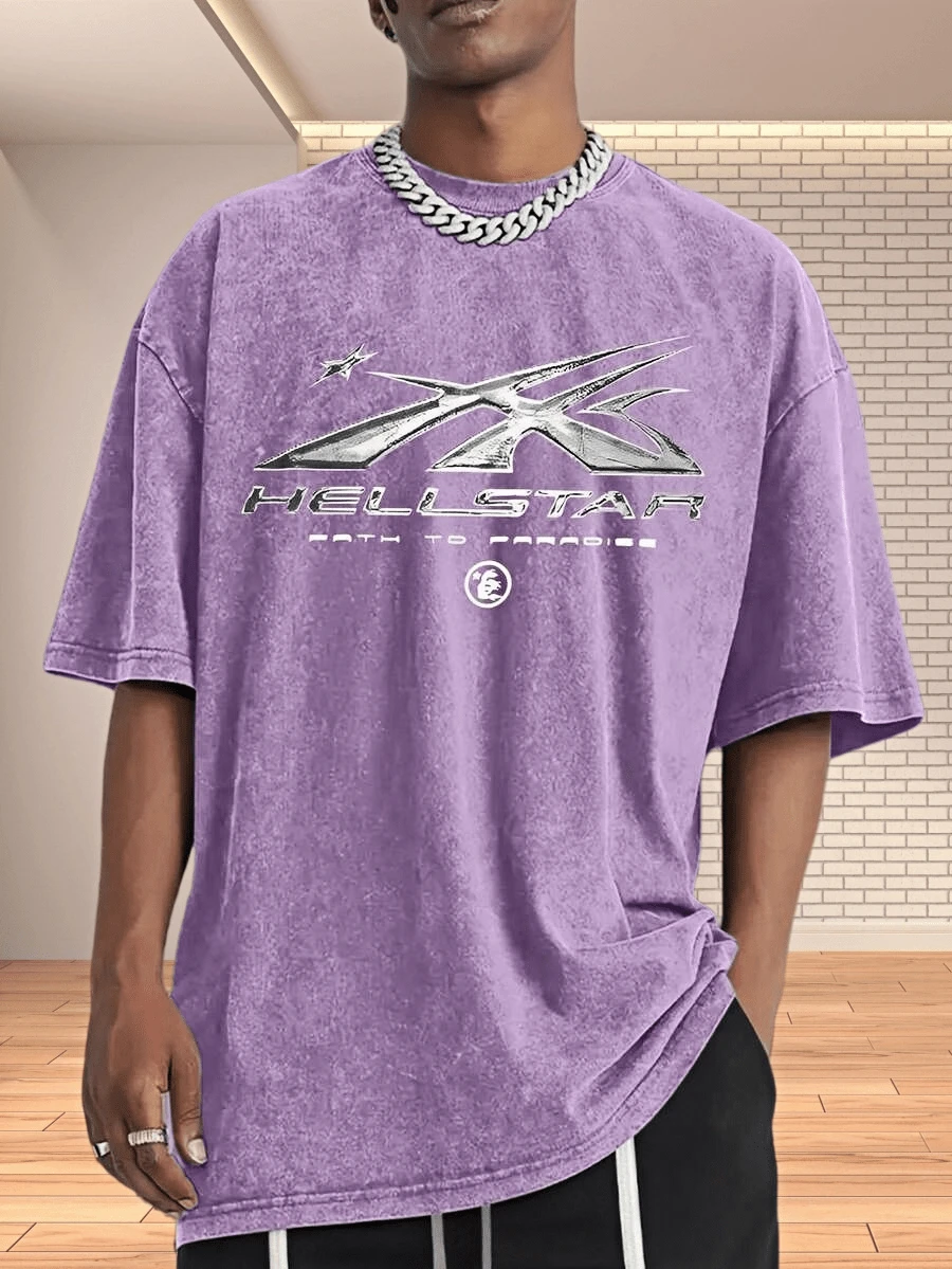Men's Classic Crew Neck Printed T-Shirt |   Short Sleeve, Star And Flame Pattern, Stylish And Casual, Lightweight And Comfortable, Showing Personal Style. Made Of 100% Breathable Cotton Fabric, Suitable For All Seasons. Perfect For Daily Outings And Outdoor Activities. Men's Printed T-Shirt, An Ideal Gift For Family And Friends. - 紫色 - 查看 1