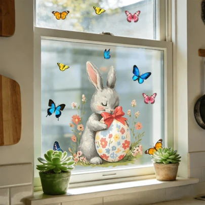 1/4 قطعة ملصقات نافذة قابلة للإزالة بدون لصق، تشمل الأنماط أرنب عيد الفصح والبيض والفراشات والزهور، مناسبة لديكور غرفة المعيشة والمطبخ والنوم وديكور المنزل في عيد الربيع