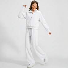 Women's 2 Piece Tracksuit Set - Half Zip Hoodie & Wide Leg Pants Loungewear With Pockets,Cozy 2 Piece Lounge Set - Sweatshirt & High Waisted Joggers For Home & Gym - 白色 - 查看 3