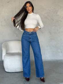 Women's Wide Leg Dark High Waist Jeans (No Lycra) 100% Cotton - 寬廣清晰 - 查看 2