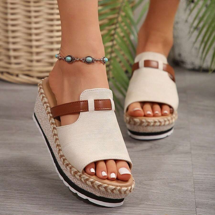 Sandalias de cuña con plataforma retro, cómodas y elegantes para mujer, fáciles de poner, zapatos de mujer - Beis - Ver 1