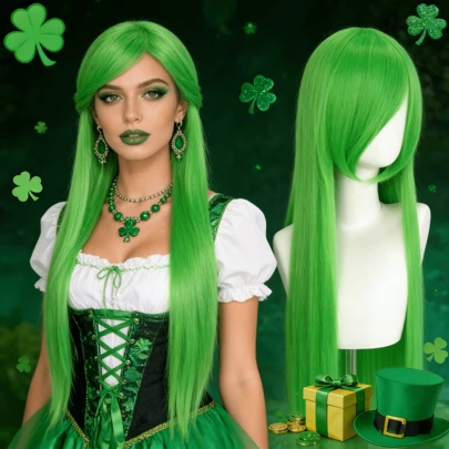 Neon Green Versatile Cosplay Wig, Extra Long Straight Wig For St. Patrick's Day & Music Festival