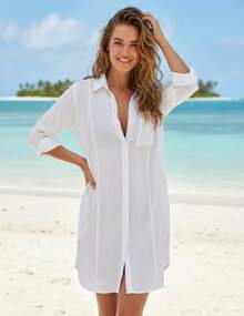 Saída De Praia Longa Feminina Kimono Longo Manga Comprida Roupas Femininas Pra Praia Bonitas Leves Frescas Blusão de Praia Camisão Linho Canga Com Botões Bolso na Frente Chique  Praia - Branco - Visão 2
