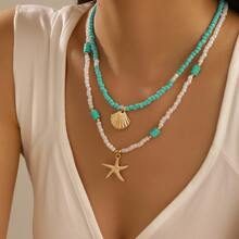 2pcs Bohemian Style Ocean Themed Jewelry Set - Turquoise Blue Pendant Necklace And Choker Necklace, Handmade Alloy Artificial Starfish Shaped Ocean Theme Beaded Bracelet, Suitable For Beach Wedding, Party And Daily Wear - Multicolor - View 1
